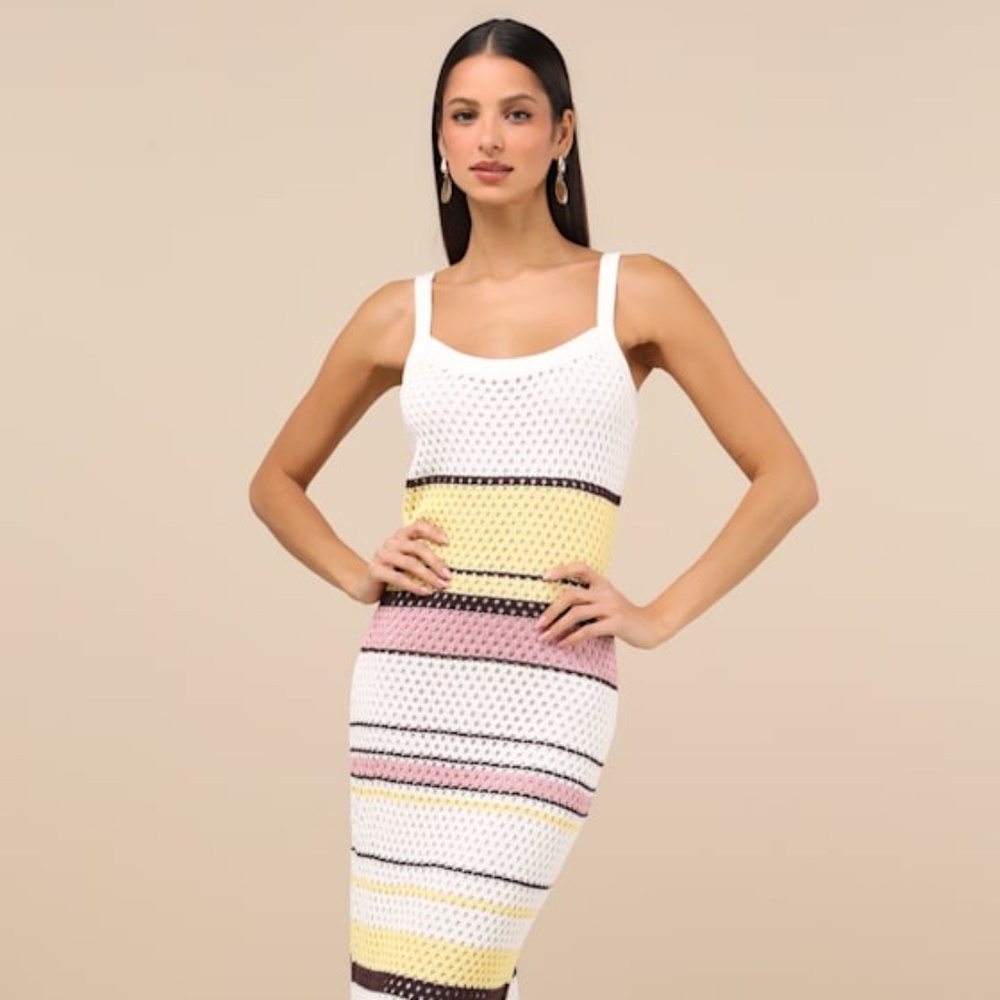 Lulus Breezy Venture Ivory Striped Crochet Midi Dress White - Size L